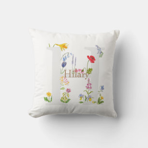 Almofada monograma botânico personalizado alfabeto h flor