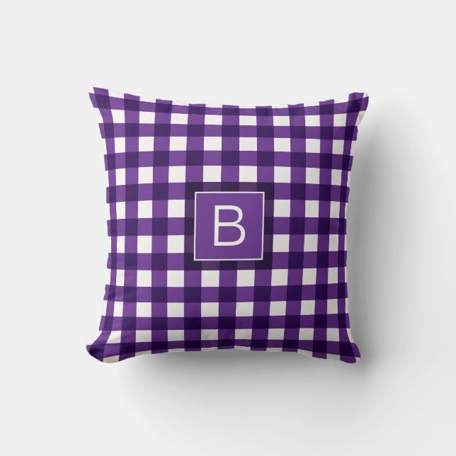 Almofada Monograma branco roxo, padrão Gingham, personaliza (Frente)