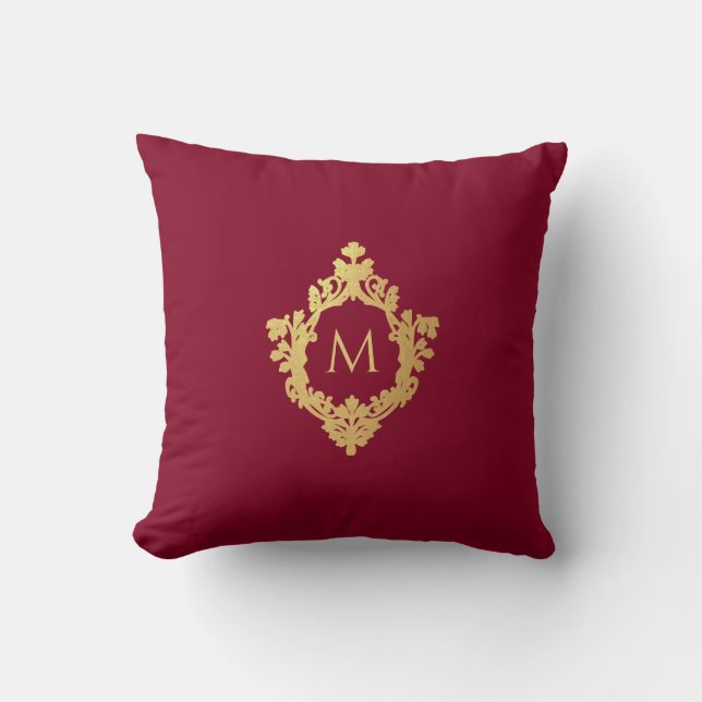 Almofada Monograma Burgundy Faux Dourado Crest Elegante (Frente)