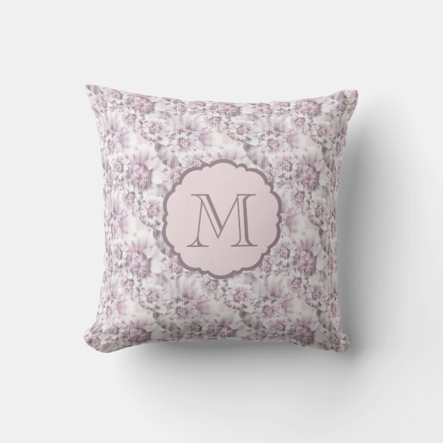 Almofada Monograma Chic com padrão floral cinza e rosa (Frente)