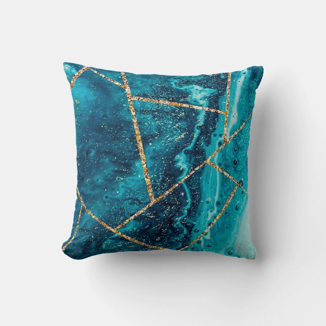Almofada Monograma Chic do Geode do Agate Dourado Azul do M (Frente)