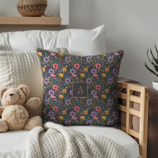 Almofada Monograma cinza simples com padrão de flor silvest (Criador carregado)