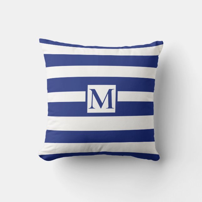 Almofada Monograma clássico em listras brancas e azul marin (Frente)