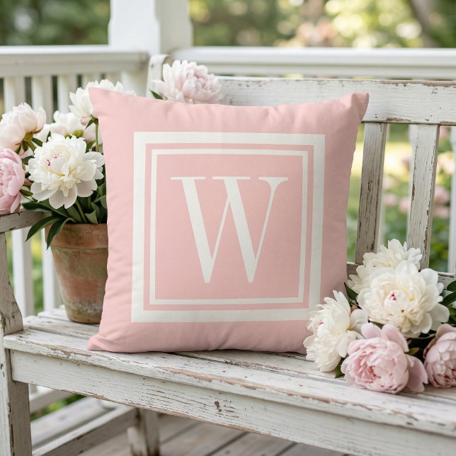 Almofada Monograma Clássico Quadrado Rosa e Branco de Pétal (Criador carregado)