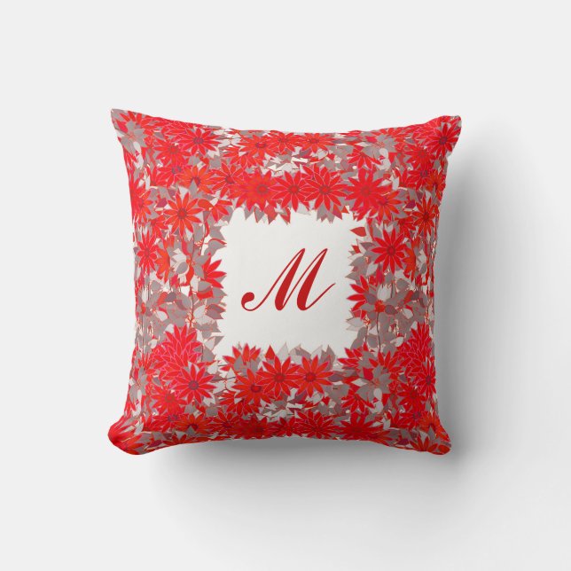 Almofada Monograma com flores - vermelho e cinza (Frente)