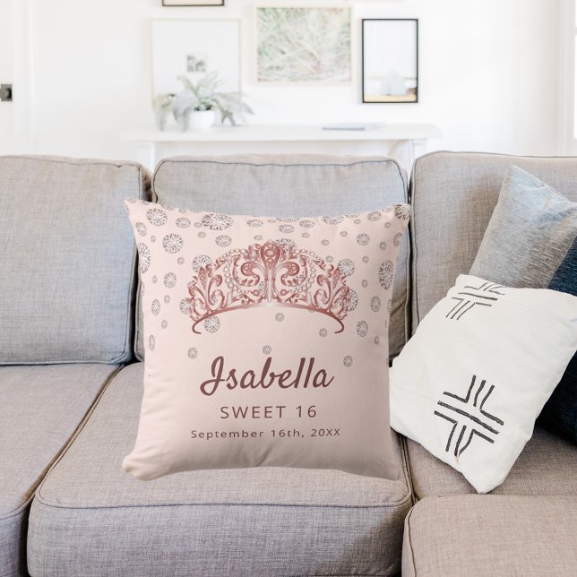 Almofada Monograma cor-de-rosa de-ouro-tiara, doce 16 (Criador carregado)