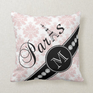 Almofada Monograma cor-de-rosa feminino de Paris do preto