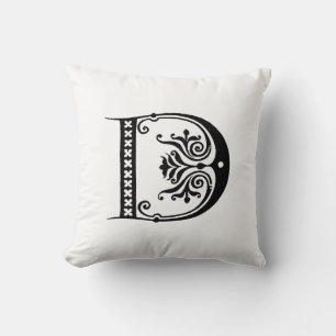 Almofada Monograma D Padrão Floral Branco e Preto Inicial