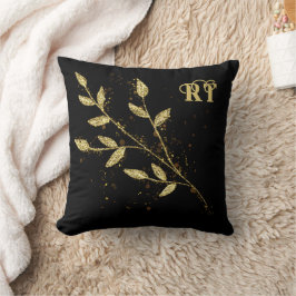 Almofada Monograma da planta Elegante negra e dourada