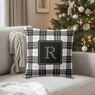Almofada Monograma da Xadrez de Tartan Preto e Castanho