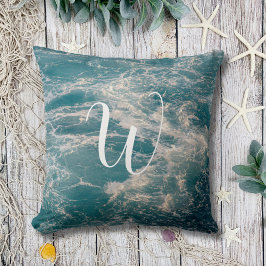 Almofada Monograma das Crestas de Ondas Brancas Azuis Carib