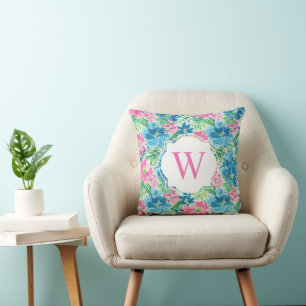 Almofada Monograma das flores azuis cor-de-rosa com Impress