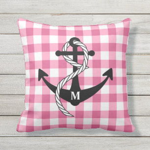Almofada Monograma de Âncora Náutica de Gingham Rosa