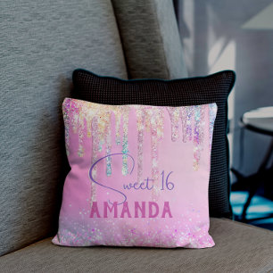 Almofada Monograma de aniversário brilhante cor-de-rosa-uni