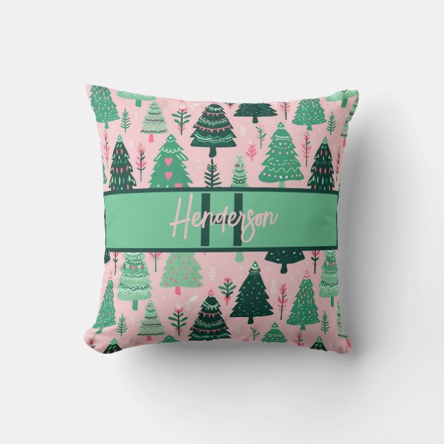 Almofada Monograma de árvore de Natal rosa e verde fofo (Frente)