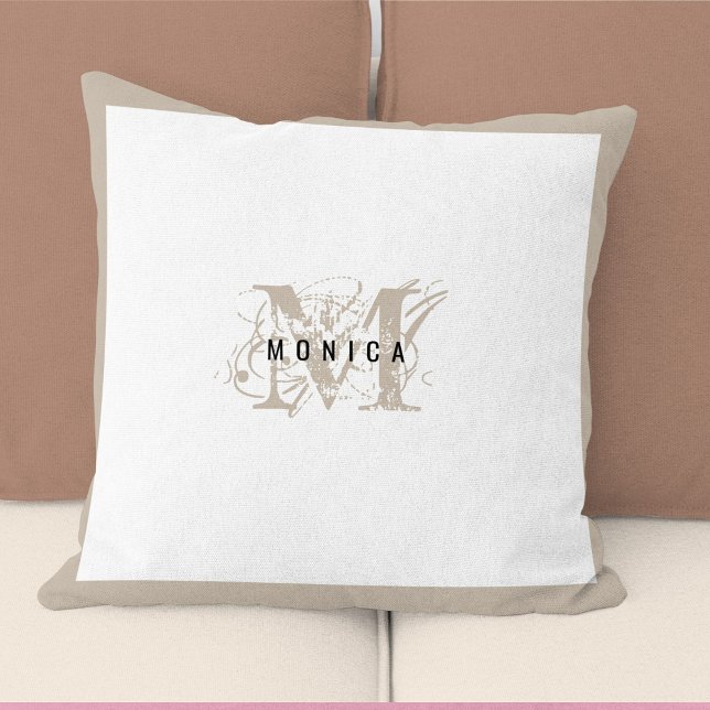Almofada Monograma de Beige Moderno Russo Chic (Chic Rustic Modern Beige Monogram Throw Pillow)