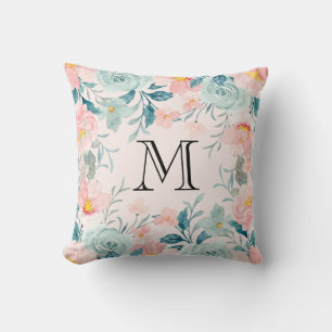 Almofada Monograma de Borda Floral Rosa e Verde