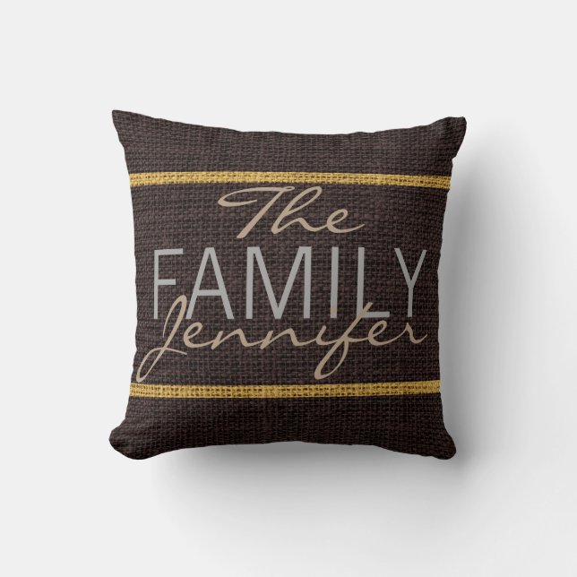 Almofada Monograma de Burlap Russo Castanho (Frente)