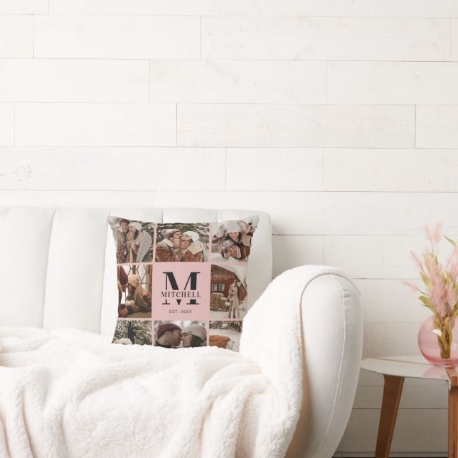 Almofada Monograma de Colagem de Fotos da Família Rosa Blus (Sofá)