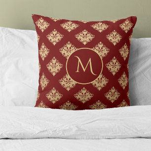 Almofada Monograma de Cor damasco Dourada em Vermelho