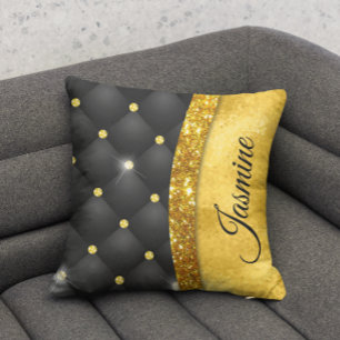 Almofada Monograma de diamante preto brilhante Dourado, fal