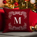 Almofada Monograma de Folhagem de Inverno Desenhado à Mão n<br><div class="desc">Este monograma de travesseiro decorativo de Natal apresenta folhagem branca desenhada manualmente no inverno que molda o monograma. O monograma e a estrutura aparecem em branco sobre um fundo vermelho escuro.</div>