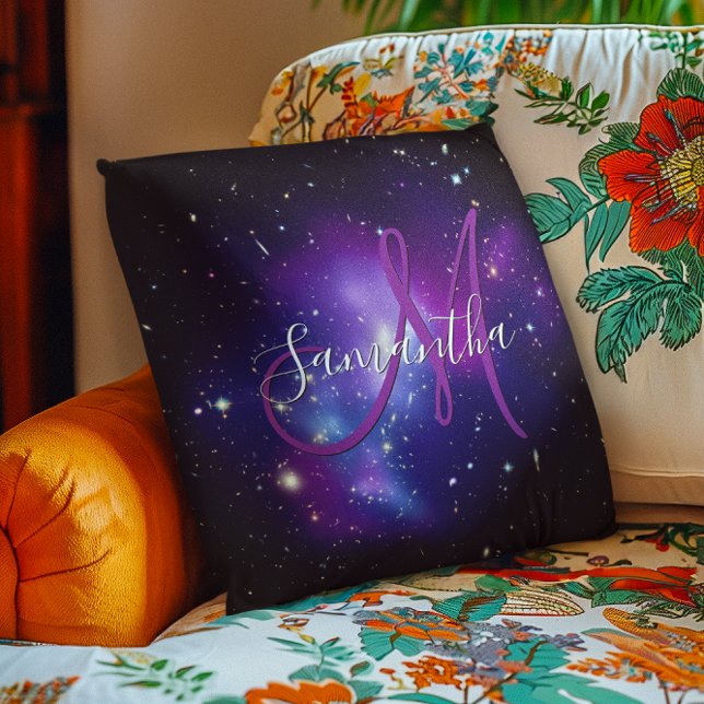 Almofada Monograma de Foto Celestial Rosa Violeta (Girly Purple Celestial Photo Monogram Throw Pillow)