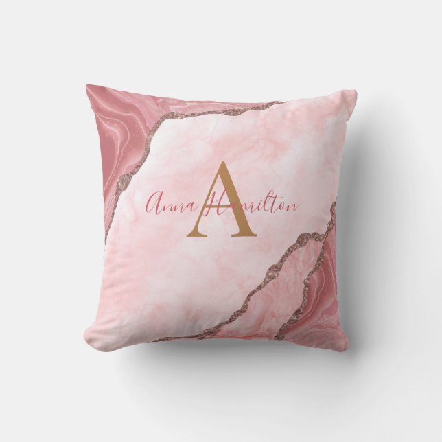 Almofada Monograma de Geodo Dourado de Agate Rosa-Blush Mod (Frente)