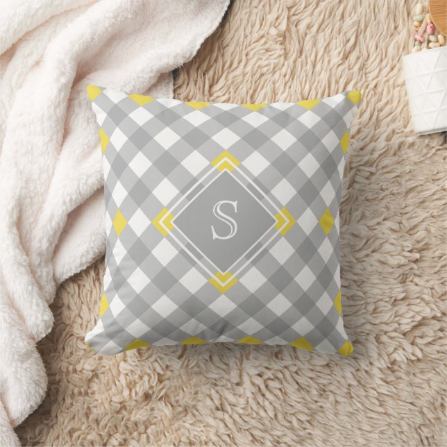 Almofada Monograma de Gingham Branco Amarelo da Cinza Moder (Cobertor)