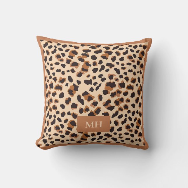 Almofada Monograma de iniciais modernas com padrão de leopa (Frente)