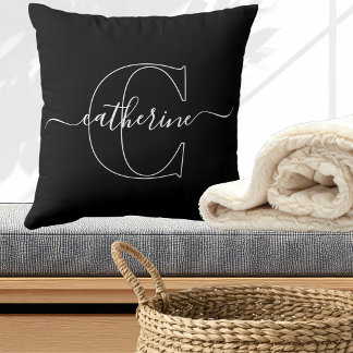 Almofada Monograma de Letra de Script Minimalista Preto e B