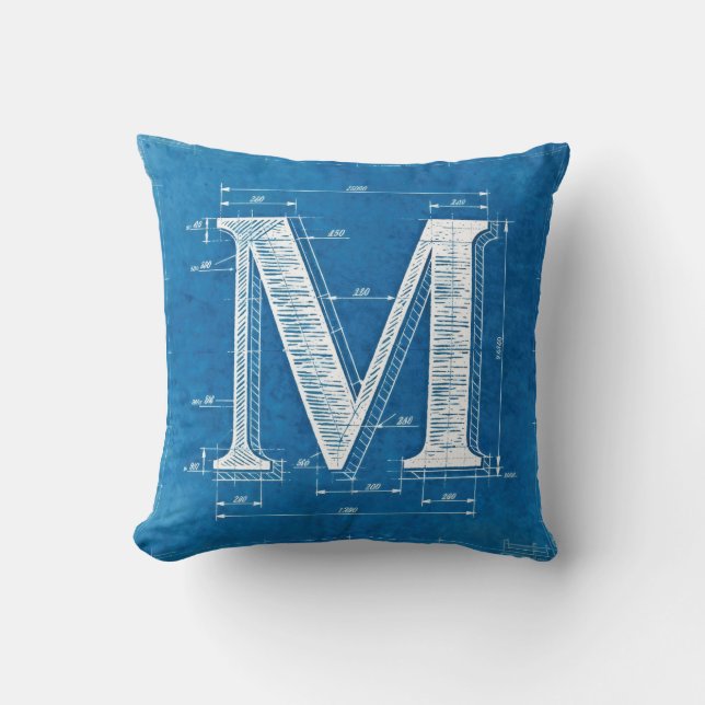 Almofada Monograma de Letra M em Blueprint (Frente)