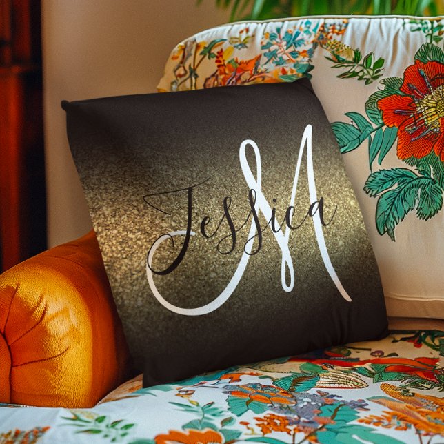 Almofada Monograma de Mão Preta com Largura Dourada Faux (Faux Gold Glitter Black Ombre Monogram Throw Pillow)