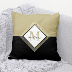 Almofada Monograma de Omã Elegante + Nome Preto + Tan + Do