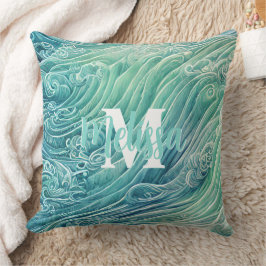 Almofada Monograma de Ondas do Oceano abstrato Pastel