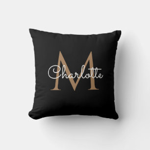 Almofada Monograma de Ouro Preto, Script Elegante e Feminin