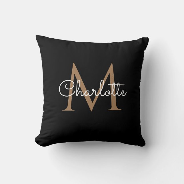 Almofada Monograma de Ouro Preto, Script Elegante e Feminin (Frente)