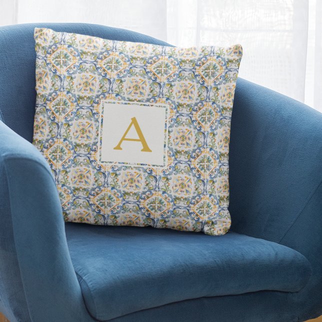 Almofada Monograma de Padrão Azul (Blue Pattern Monogram Throw Pillow
)