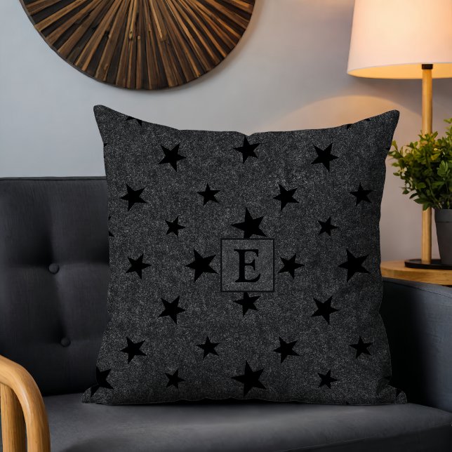 Almofada Monograma de Padrão de Estrela Negra Chic Elegante (Criador carregado)