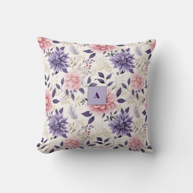 Almofada Monograma de padrão floral lavanda (Frente)