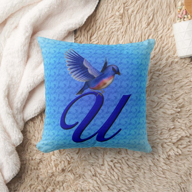Almofada Monograma de Pássaro Azul Inicial U (Cobertor)
