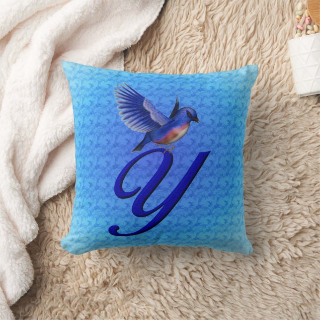 Almofada Monograma de Pássaro Azul Inicial Y (Cobertor)