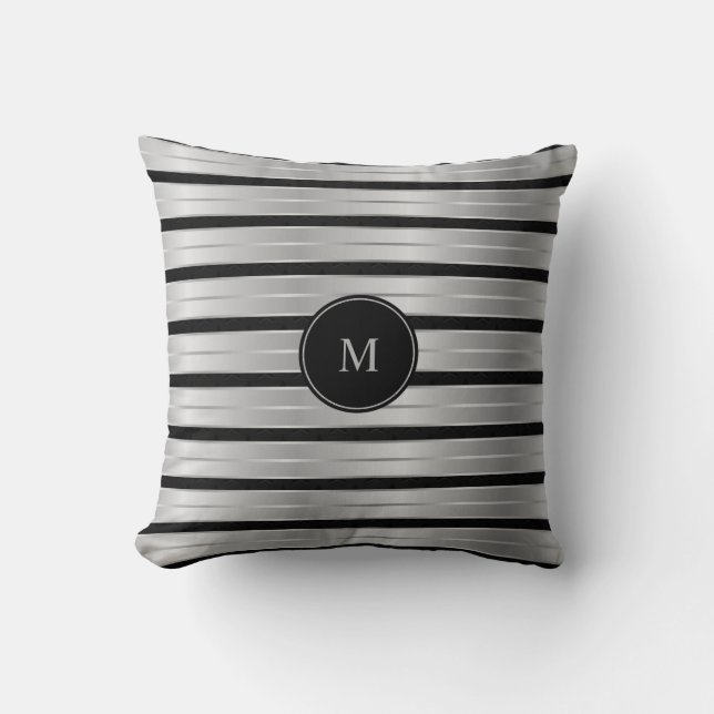 Almofada Monograma De Prata Elegante E Stripes Negras (Frente)