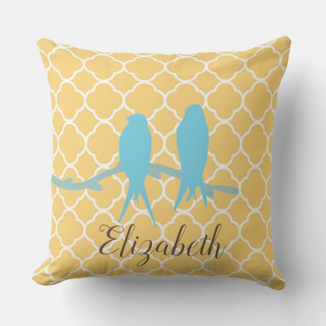 Almofada Monograma de quatrefoil de aves branco-vivo (Frente)