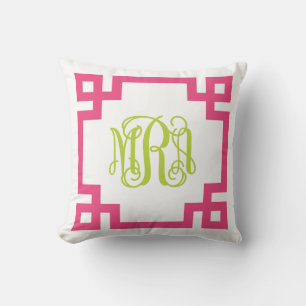 Almofada Monograma de Script-Chave Grego Rosa e Verde