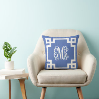 Almofada Monograma de Script de Chave Grego Azul e Branco