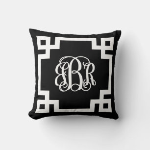 Almofada Monograma de Script de Chave Grego Preto e Branco