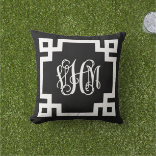 Almofada Monograma de Script de Chave Grego Preto e Branco