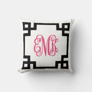Almofada Monograma de Script de Chave Grego Preto e Rosa Qu