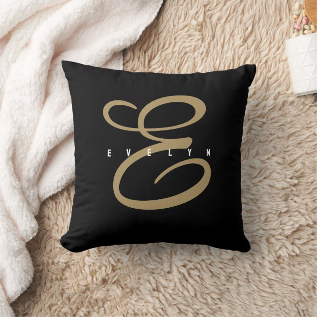Almofada Monograma de Script Dourado e Preto Chic (Cobertor)